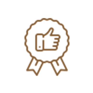 A brown outline icon of a ribbon badge with a hand giving a thumbs up in the center, symbolizing approval or quality. | Decks And More | Against The Grain Construction A brown outline icon of a ribbon badge with a hand giving a thumbs up in the center, symbolizing approval or quality.