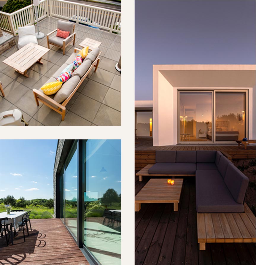 Collage of three modern outdoor patios: one with light wood furniture and colorful pillows, another with a dark sectional sofa and candle-lit table, and one with a dining set on a wooden deck overlooking greenery.