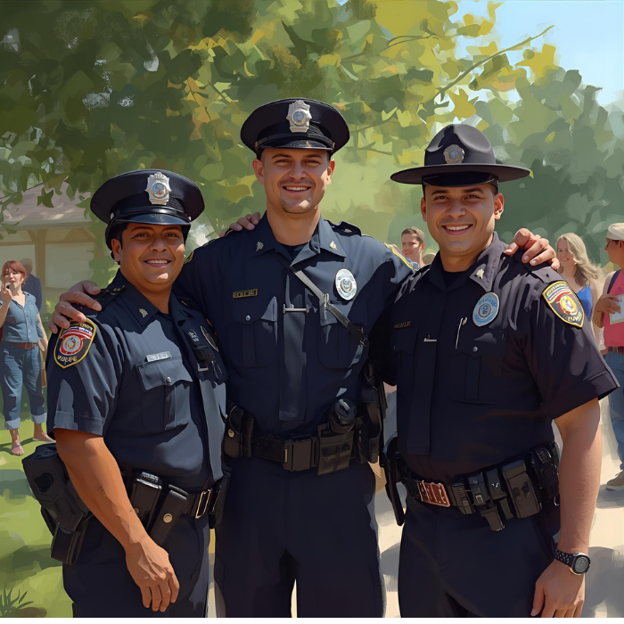 Three smiling police officers in uniform stand arm-in-arm outdoors on a sunny day, with trees and several people gathered in the background. indian hill rangers